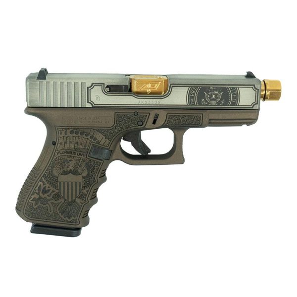 Glock 19 gen 3 compact "trump edition" handgun 9mm luger 15rd magazines (2) 4" threaded gold barrel two tone