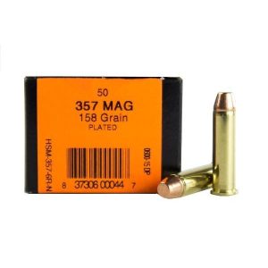 Hsm training handgun ammunition. 357 mag 158gr plated fp 1058 fps 50/ct