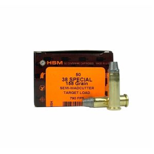 Hsm training handgun ammunition. 38 spl 158gr swc 790 fps 50/ct