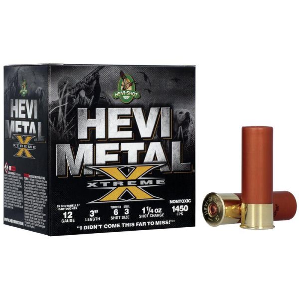 Hevi-shot hevi-metal xtreme shotshell 12ga 3" 1-1/4oz 1450 fps #3 steel & #6 tungsten 25/ct