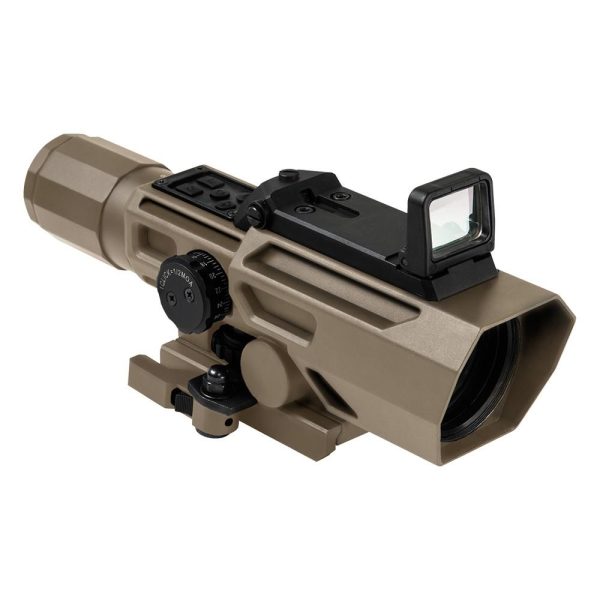 Ncstar vsm ado dual optic 3-9x42mm p4 sniper rifle scope with integrated fold-down red dot optic - tan
