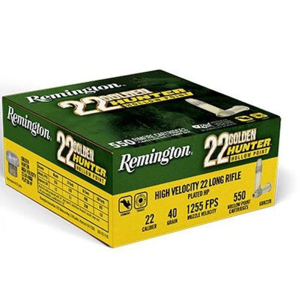 Remington golden hunter rimfire ammunition. 22lr 40gr hp 1255 fps 550/ct