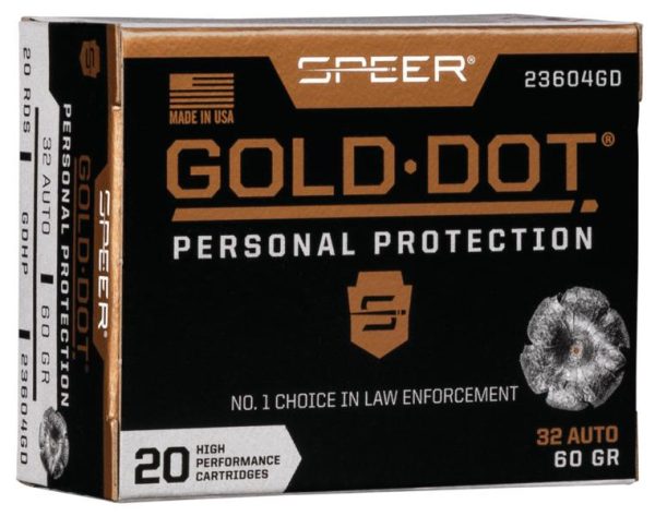 Speer gold dot handgun ammunition 32 acp 60 gr hp 960 fps 20/ct