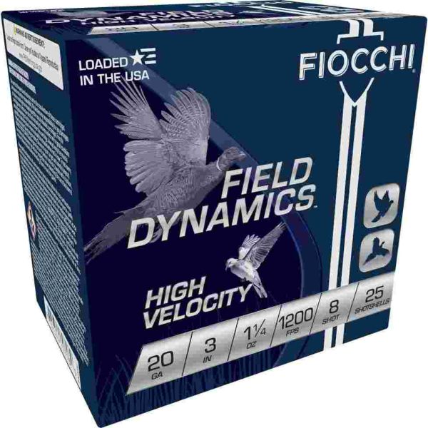 Fiocchi field dynamics shotshells 20 ga 3" 1-1/4oz 1200fps #8 25/ct