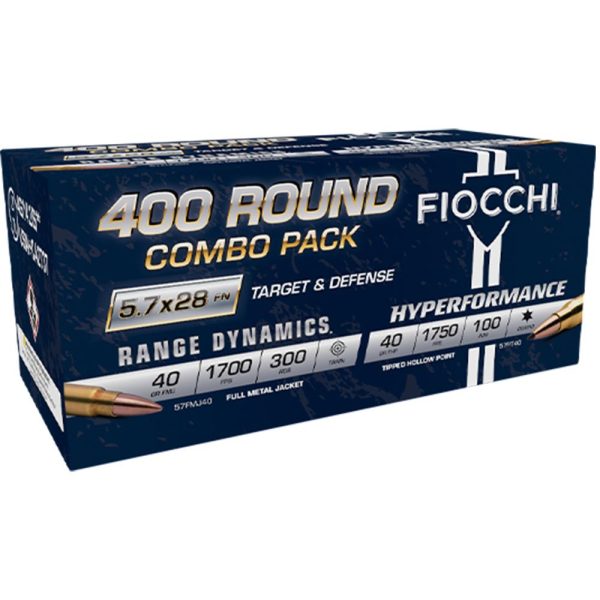 Fiocchi target & defense handgun combo pack ammunition 5. 7x28mm 40gr fmj 1700fps 300/ct & 40gr thp 1750 fps 100/ct (400/ct total)