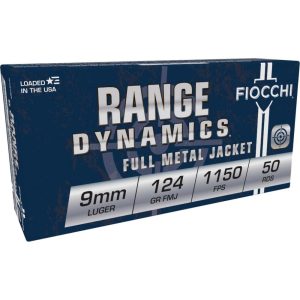 Fiocchi pistol shooting dynamics handgun ammunition 9mm luger 124 gr fmj 1180 fps 50/ct