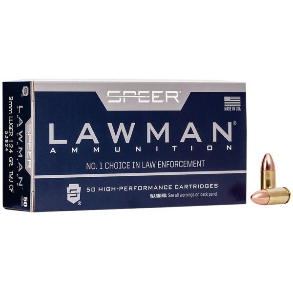 Speer lawman cleanfire handgun ammunition 9mm luger 124 gr tmj 1090 fps 50/rd