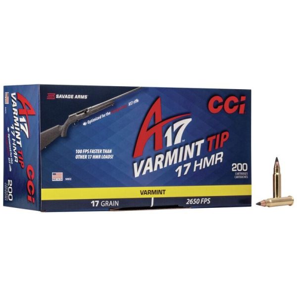 Cci a17 varmint tip rimfire ammunition. 17 hmr 17 gr vtip 2650 fps 200/ct