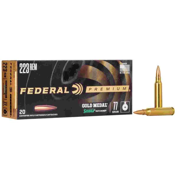 Federal premium gold medal sierra matchking rifle ammunition. 223 rem 77 gr bthp 2720 fps - 20/ct