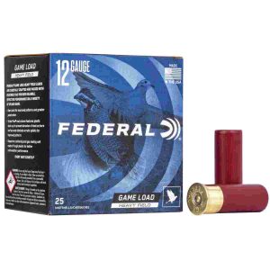 Federal game-shok heavy field load 12 ga 2 3/4" 3 1/4 dr 1 1/8 oz #467. 58 1255 fps - 25/box