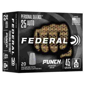 Federal personal defense punch handgun ammunition. 25 auto 45gr solid 825 fps 20/ct