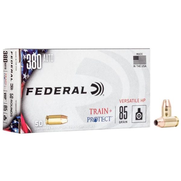Federal train & protect handgun ammunition. 380 auto 85gr jhp 1000 fps 50/ct