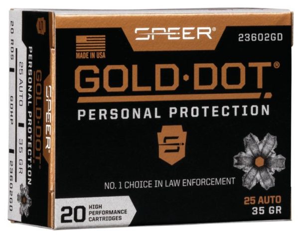 Speer gold dot handgun ammunition 25 acp 35 gr hp 900 fps 20/ct