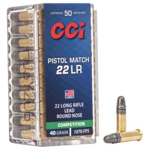 Cci pistol match rimfire ammunition. 22 lr 40 gr lrn 1070 fps 50/ct