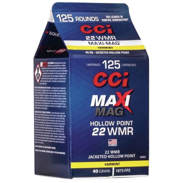 Cci maxi mag rimfire ammunition. 22 wmr 40 gr. Jhp 1875 fps 125/ct