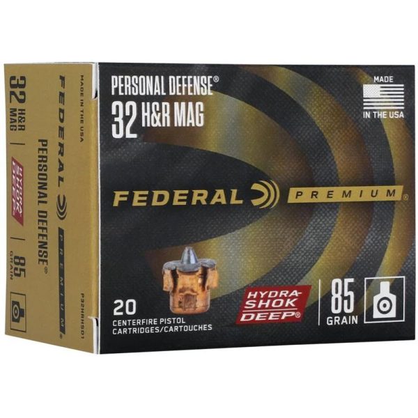 Federal hydra-shok deep handgun ammunition. 32 h&r 85 gr jhp 1025 fps 20/ct