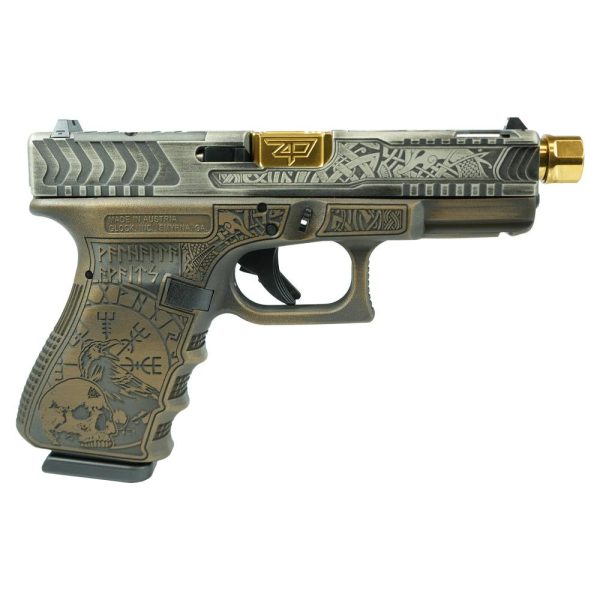 Glock 19 gen 3 custom "viking engraved colonial brown" handgun 9mm luger 15rd magazines (2) 4. 60" zaffari precision threaded barrel austria