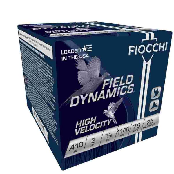 Fiocchi high velocity shotshells. 410ga 3" #7. 5-shot 11/16oz. 25/ct