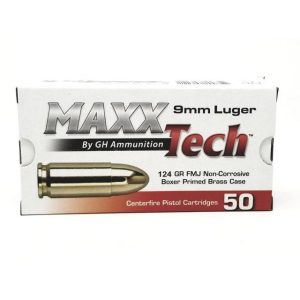 Maxxtech handgun ammunition 9mm luger 124gr fmj 1126 fps 50/ct