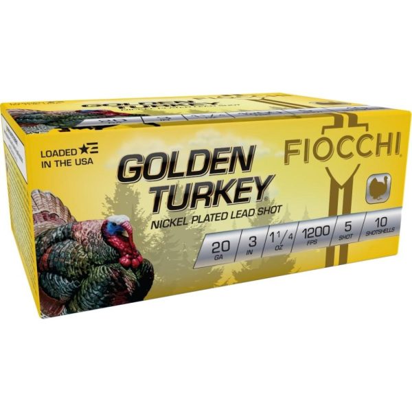 Fiocchi golden turkey nickel plated shotshells 20ga 3" 1-1/4oz 1200 fps #5 10/ct