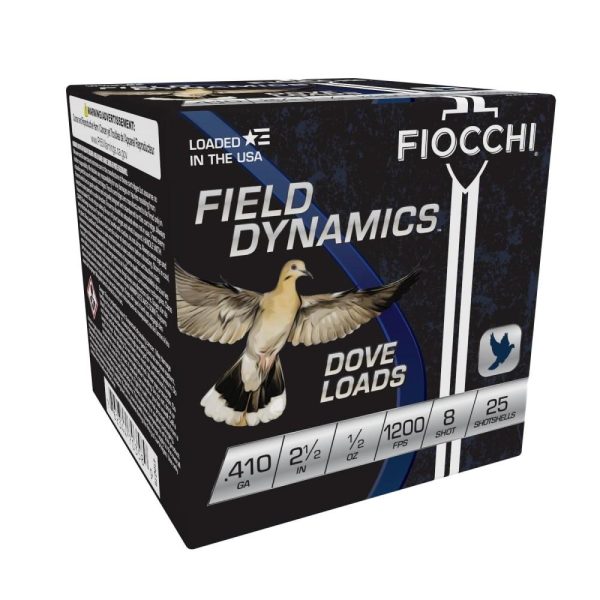 Fiocchi lead dove & quail shotshells. 410ga 2-1/2 in 1/2oz #8 1200 fps 25/ct