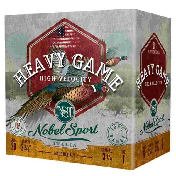 Nobel sport heavy game high velocity shotshell  20ga 2-3/4" 1oz 1330 fps #8 25/ct