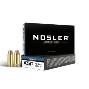 Nosler asp suppressor ready handgun ammunition. 45 acp 230gr jhp 850 fps 50/ct