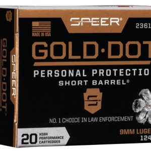Speer gold dot short barrel handgun ammunition 9mm luger (+p) 124 gr hp 1150 fps 20/ct