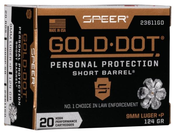 Speer gold dot short barrel handgun ammunition 9mm luger (+p) 124 gr hp 1150 fps 20/ct