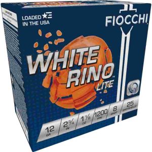 Fiocchi white rino lite shotshells 12 ga 2-3/4" 1-1/8oz 1200 fps #8 25/ct