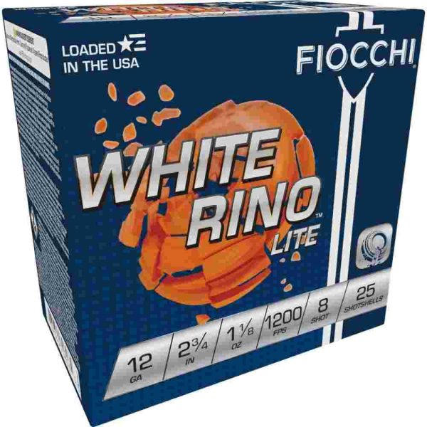 Fiocchi white rino lite shotshells 12 ga 2-3/4" 1-1/8oz 1200 fps #8 25/ct