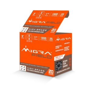 Migra ultimate field hi-brass lead stacked shotshells 20ga 3" 1-3/8oz 1300 fps #6 & 8 shot 25/ct
