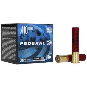 Federal game-shok hi-brass load. 410 ga 2 1/2" 1/2oz 1200 fps #6 25/ct