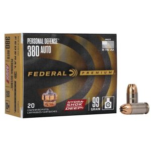 Federal personal defense hydra-shok deep handgun ammuniton. 380 acp 99 gr hsd 1030 fps 20/ct