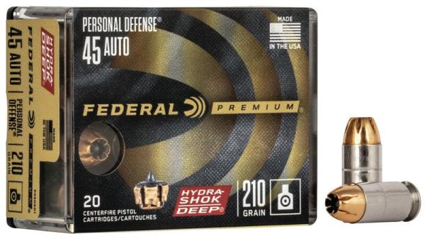 Federal personal defense hydra-shok deep handgun ammuniton. 45 acp 210 gr hsd 980 fps 20/ct