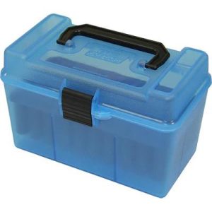 Mtm h50-r-mag - deluxe ammo box w/handle 7mm rem mag - 300 win mag 50/ct capacity clear blue