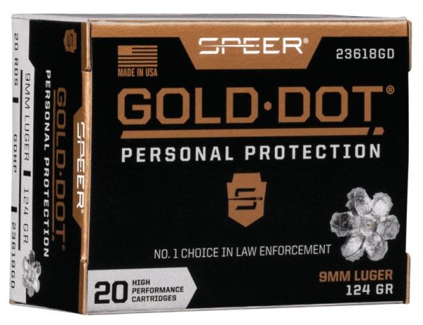 Speer gold dot handgun ammunition 9mm luger 124 gr hp 1150 fps 20/ct