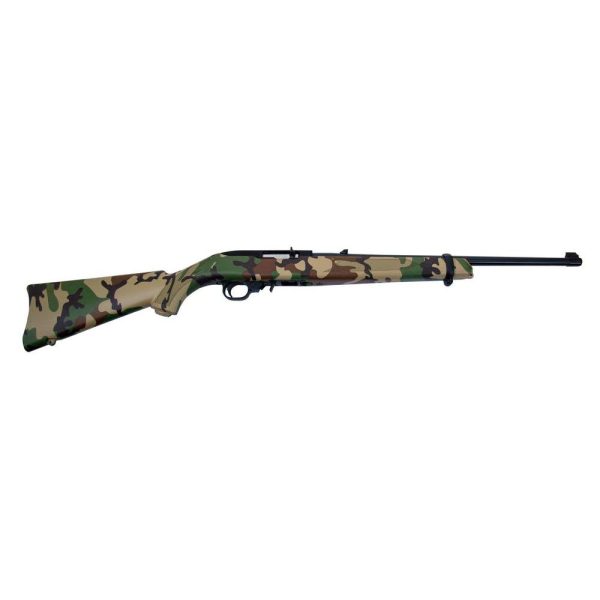 Ruger 10/22 "woodsman" rifle. 22lr 10rd magazine 18. 5" barrel woodland camo stock