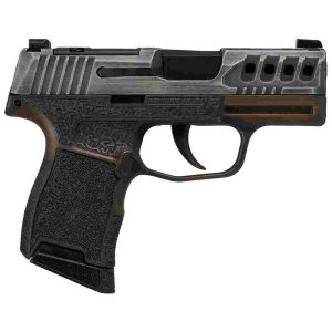 Sig sauer p365 "gold bug" handgun 9mm luger 10rd magazines(2) 3. 1" black barrel tactical cut distressed grey slide/brown grip octagon stippling