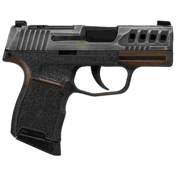 Sig sauer p365 "gold bug" handgun 9mm luger 10rd magazines(2) 3. 1" black barrel tactical cut distressed grey slide/brown grip octagon stippling
