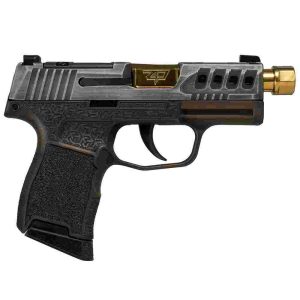 Sig sauer p365 "gold bug" handgun 9mm luger 10rd magazines(2) 3. 7" threaded gold barrel tactical cut distressed grey slide/brown grip octagon stippling