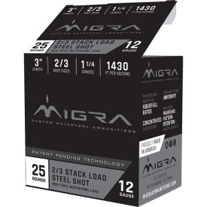 Migra waterfowl steel shot shot shells 12 ga 3" 1-1/4 oz #2#3 1430 fps 25/ct