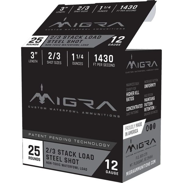 Migra waterfowl steel shot shot shells 12 ga 3" 1-1/4 oz #2#3 1430 fps 25/ct