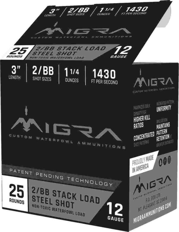 Migra waterfowl steel shot shotshell 12 ga 3" 1-1/4 oz 1430 fps #2-bb 25/ct