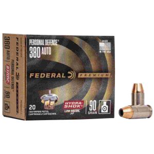 Federal premuim personal defense handgun ammunition. 380 acp 90 gr jhp 1000 fps 20/box
