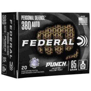 Federal personal defense punch handgun ammunition. 380 auto 85 gr jhp 1000 fps 20/ct