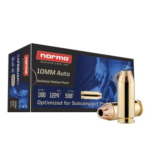 Norma safeguard handgun ammunition 10mm auto 180gr jhp 1224 fps 50/ct