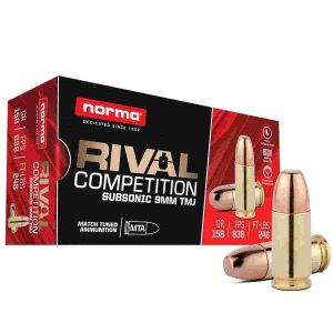 Norma rival competition subsonic ammunition 9mm luger 158gr tmj 838 fps 50/ct