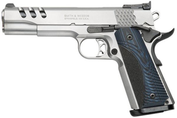 S&w pc model 1911 handgun. 45 acp 9rd magazine 5" stainless barrel blue grip